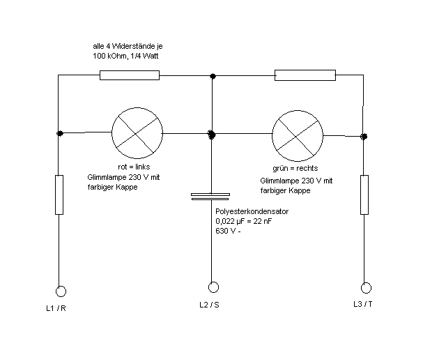 Schaltplan des Drehfeldprüfers<br />Quelle: http://forum.electronicwerkstatt.de/phpBB/Messgeraete/drehfeldrichtungsanzeigegeraetebausatzschaltplan_fuer_kleines_geld-t35550f24_bs0.html
